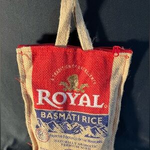 Burlap Bag - Basmati Rice Logo Zips - vintage burlap handled empty approx 8”x9”